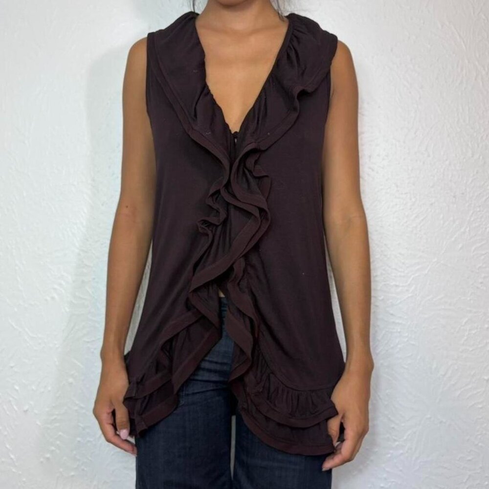 Y2k VIVIENNE TAM BROWN BUTTON UP RUFFLE CARDIGAN VEST
